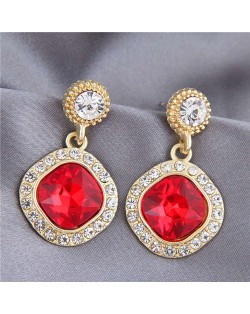 Gem Inlaid Square Fashion Shining Graceful Women Stud Earrings - Red