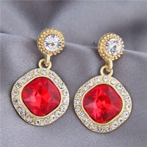 Gem Inlaid Square Fashion Shining Graceful Women Stud Earrings - Red