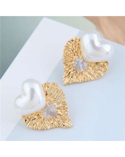 Pearl Heart and Bird Nest Style Heart Combo Design High Fashion Women Stud Earrings - White