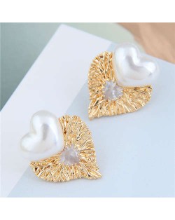 Pearl Heart and Bird Nest Style Heart Combo Design High Fashion Women Stud Earrings - White