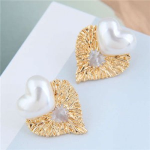 Pearl Heart and Bird Nest Style Heart Combo Design High Fashion Women Stud Earrings - White