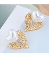 Pearl Heart and Bird Nest Style Heart Combo Design High Fashion Women Stud Earrings - White
