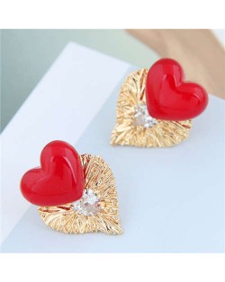 Pearl Heart and Bird Nest Style Heart Combo Design High Fashion Women Stud Earrings - Red