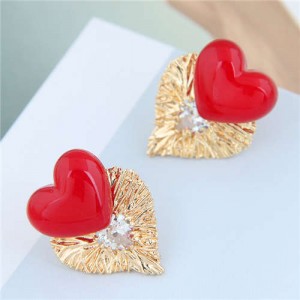 Pearl Heart and Bird Nest Style Heart Combo Design High Fashion Women Stud Earrings - Red