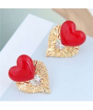 Pearl Heart and Bird Nest Style Heart Combo Design High Fashion Women Stud Earrings - Red