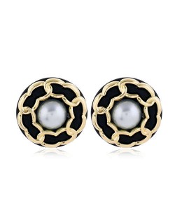 Chain Attached Pearl Inlaid High Fashion Round Women Stud Earrings - Black