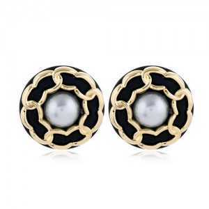 Chain Attached Pearl Inlaid High Fashion Round Women Stud Earrings - Black