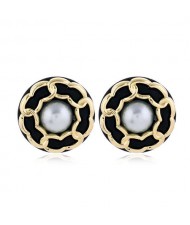 Chain Attached Pearl Inlaid High Fashion Round Women Stud Earrings - Black