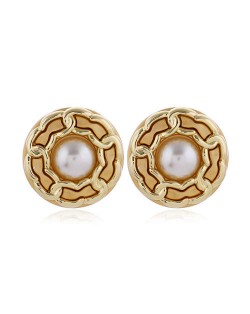 Chain Attached Pearl Inlaid High Fashion Round Women Stud Earrings - Brown
