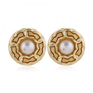 Chain Attached Pearl Inlaid High Fashion Round Women Stud Earrings - Brown