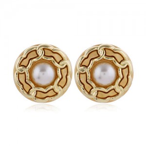 Chain Attached Pearl Inlaid High Fashion Round Women Stud Earrings - Brown