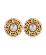 Chain Attached Pearl Inlaid High Fashion Round Women Stud Earrings - Brown