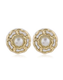 Chain Attached Pearl Inlaid High Fashion Round Women Stud Earrings - White