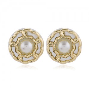 Chain Attached Pearl Inlaid High Fashion Round Women Stud Earrings - White