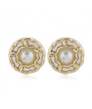 Chain Attached Pearl Inlaid High Fashion Round Women Stud Earrings - White