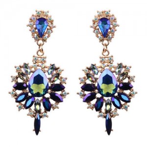 High Fashion Shining Waterdrop Floral Vintage Design Women Stud Earrings - Blue
