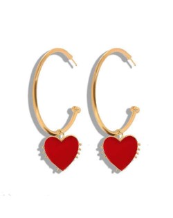 Oil-spot Glazed High Fashion Heart Pendant Alloy Hoop Earrings - Red