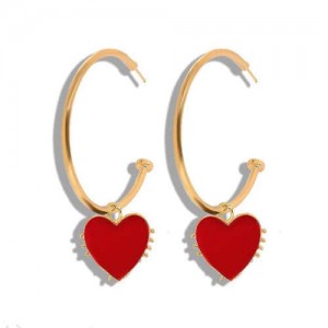 Oil-spot Glazed High Fashion Heart Pendant Alloy Hoop Earrings - Red