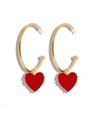 Oil-spot Glazed High Fashion Heart Pendant Alloy Hoop Earrings - Red