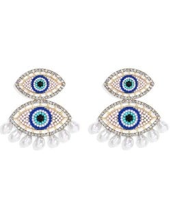 Rhinestone Embellished Mini Beads Dual Eyes Design Bohemian Fashion Women Earrings - Blue