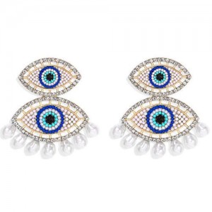 Rhinestone Embellished Mini Beads Dual Eyes Design Bohemian Fashion Women Earrings - Blue