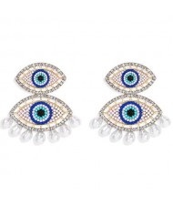 Rhinestone Embellished Mini Beads Dual Eyes Design Bohemian Fashion Women Earrings - Blue