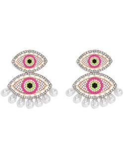 Rhinestone Embellished Mini Beads Dual Eyes Design Bohemian Fashion Women Earrings - Pink