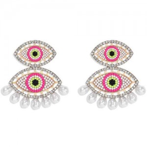 Rhinestone Embellished Mini Beads Dual Eyes Design Bohemian Fashion Women Earrings - Pink