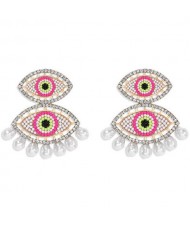 Rhinestone Embellished Mini Beads Dual Eyes Design Bohemian Fashion Women Earrings - Pink