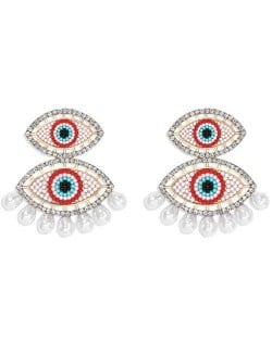 Rhinestone Embellished Mini Beads Dual Eyes Design Bohemian Fashion Women Earrings - Red