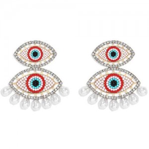 Rhinestone Embellished Mini Beads Dual Eyes Design Bohemian Fashion Women Earrings - Red