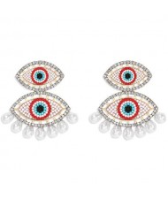 Rhinestone Embellished Mini Beads Dual Eyes Design Bohemian Fashion Women Earrings - Red