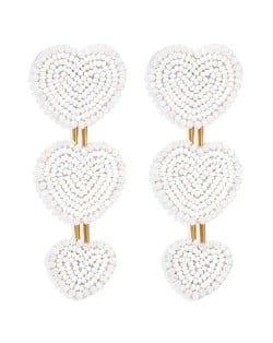 Bohemian Bold Fashion Mini Beads Triple Hearts Handmade Women Stud Earrings - White