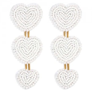 Bohemian Bold Fashion Mini Beads Triple Hearts Handmade Women Stud Earrings - White