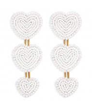 Bohemian Bold Fashion Mini Beads Triple Hearts Handmade Women Stud Earrings - White