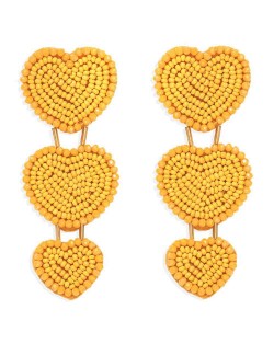 Bohemian Bold Fashion Mini Beads Triple Hearts Handmade Women Stud Earrings - Yellow