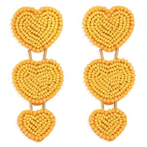 Bohemian Bold Fashion Mini Beads Triple Hearts Handmade Women Stud Earrings - Yellow