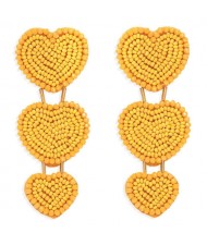 Bohemian Bold Fashion Mini Beads Triple Hearts Handmade Women Stud Earrings - Yellow