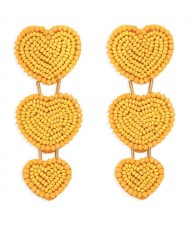 Bohemian Bold Fashion Mini Beads Triple Hearts Handmade Women Stud Earrings - Yellow