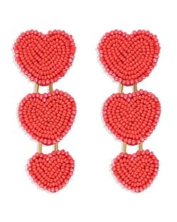 Bohemian Bold Fashion Mini Beads Triple Hearts Handmade Women Stud Earrings - Red