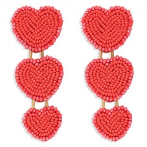 Bohemian Bold Fashion Mini Beads Triple Hearts Handmade Women Stud Earrings - Red