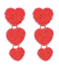 Bohemian Bold Fashion Mini Beads Triple Hearts Handmade Women Stud Earrings - Red