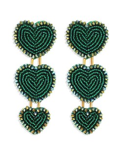 Bohemian Bold Fashion Mini Beads Triple Hearts Handmade Women Stud Earrings - Green