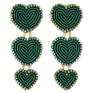 Bohemian Bold Fashion Mini Beads Triple Hearts Handmade Women Stud Earrings - Green