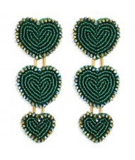 Bohemian Bold Fashion Mini Beads Triple Hearts Handmade Women Stud Earrings - Green