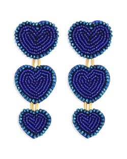 Bohemian Bold Fashion Mini Beads Triple Hearts Handmade Women Stud Earrings - Blue