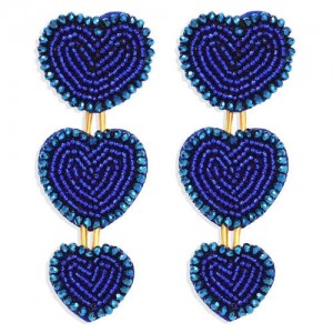 Bohemian Bold Fashion Mini Beads Triple Hearts Handmade Women Stud Earrings - Blue
