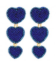 Bohemian Bold Fashion Mini Beads Triple Hearts Handmade Women Stud Earrings - Blue