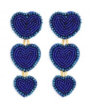 Bohemian Bold Fashion Mini Beads Triple Hearts Handmade Women Stud Earrings - Blue