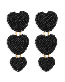 Bohemian Bold Fashion Mini Beads Triple Hearts Handmade Women Stud Earrings - Black